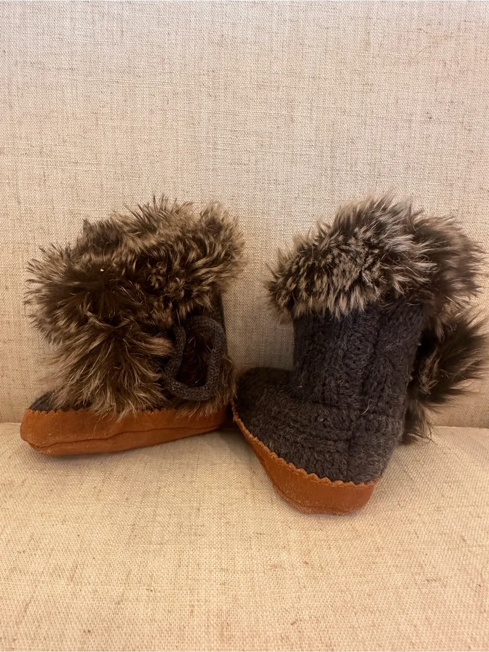 Restoration Hardware Brown Faux-Fur Trim Knit Kids Booties